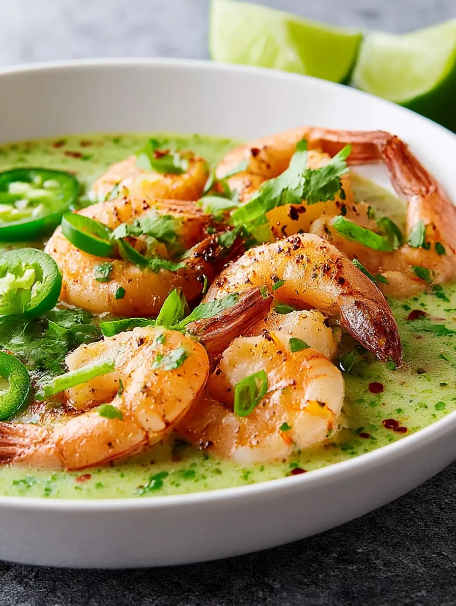 A bowl of shrimp soup with green peppers and lime.