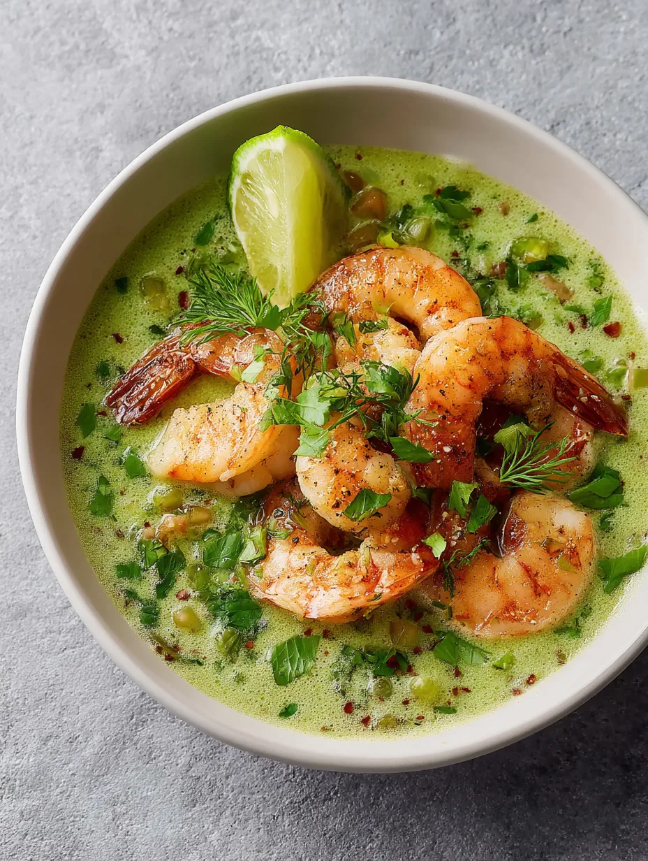 A bowl of shrimp soup with a lime wedge.