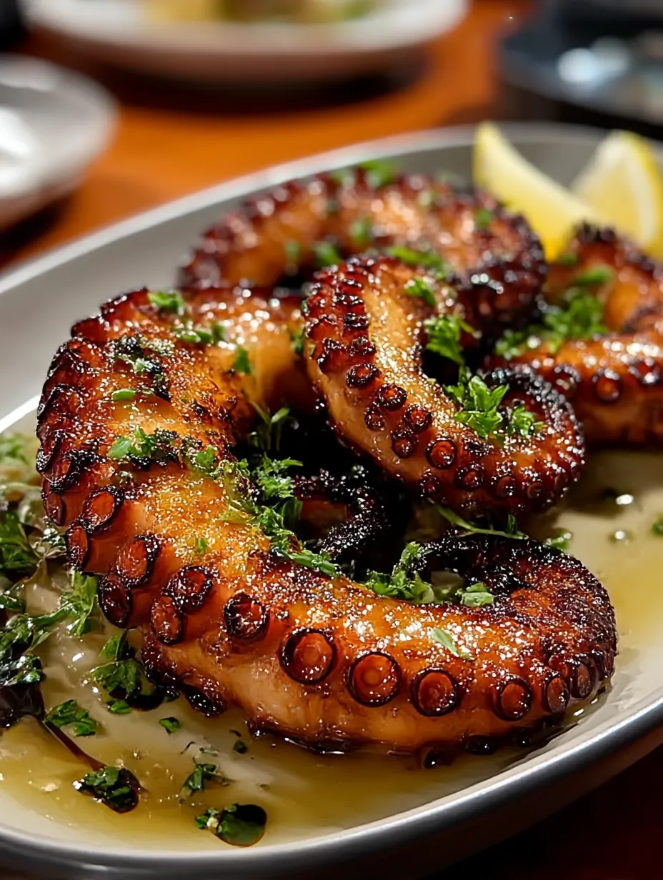 A plate of octopus with lemon wedges.