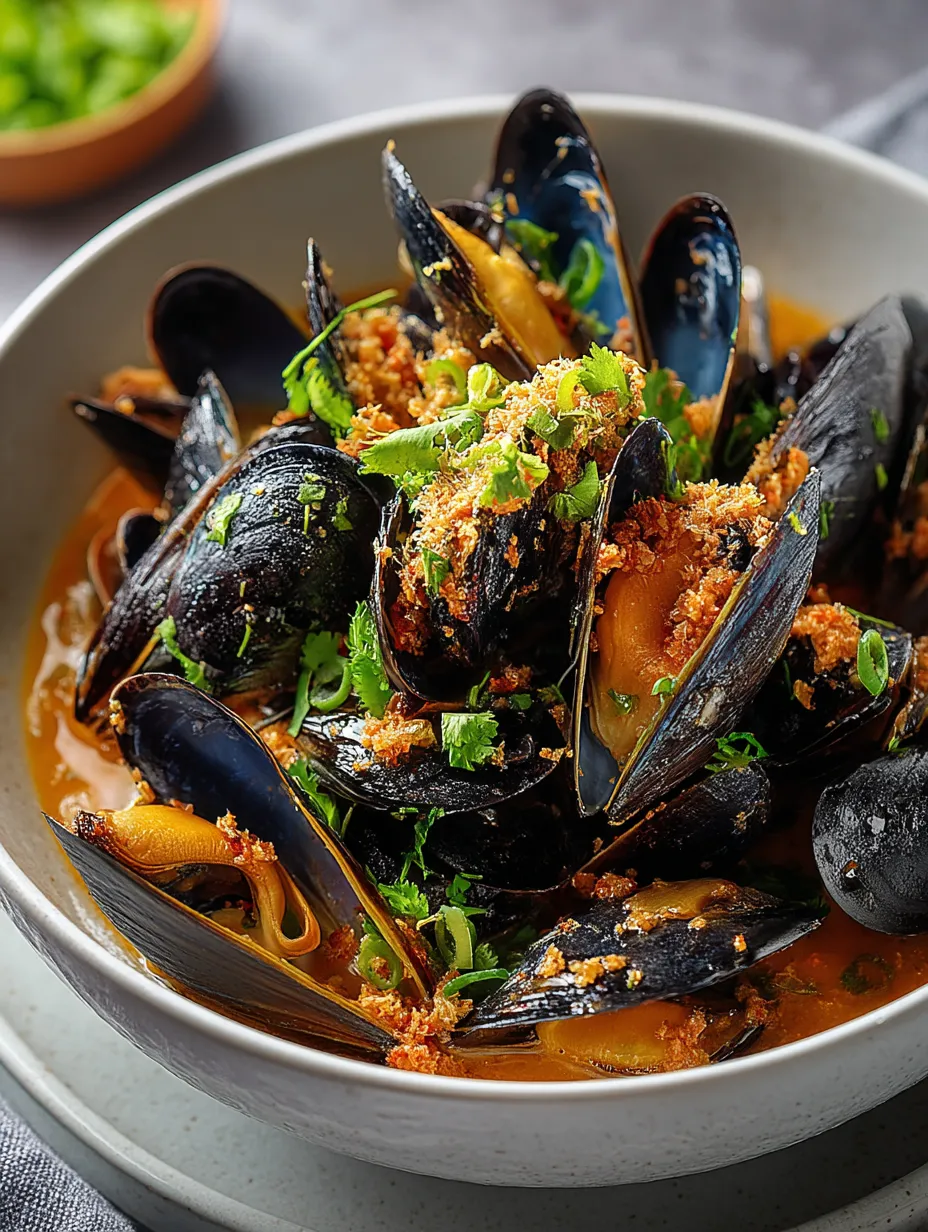 A bowl of mussels with herbs and spices.