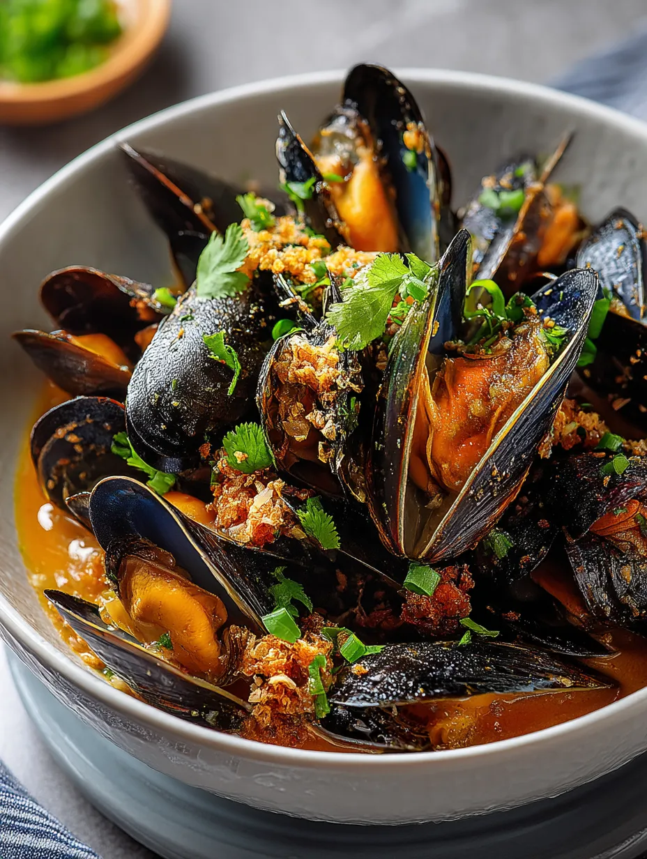 A bowl of coconut mussels with herbs and spices.