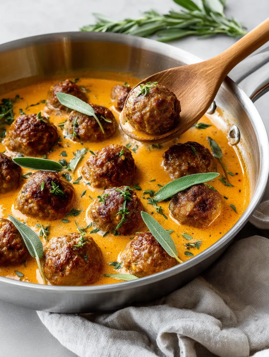 A bowl of Turkey Meatballs in Pumpkin Sage Sauce.
