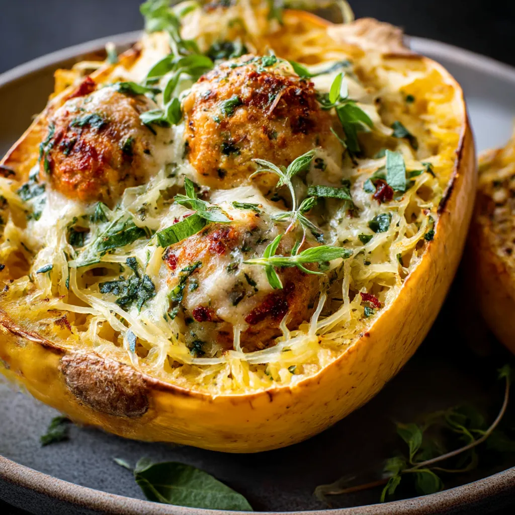 Buttery Chicken Meatballs with Spaghetti Squash