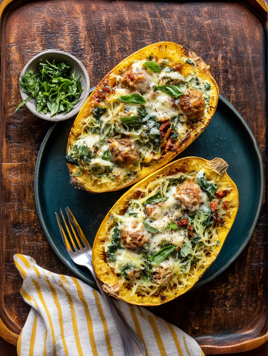 Chicken Meatballs Stuffed In Spaghetti Squash.