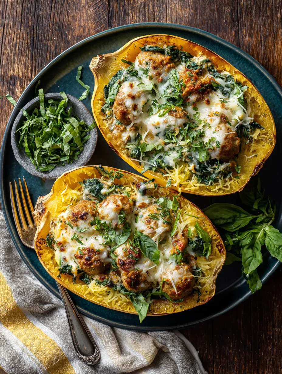 Easy Chicken Meatballs Stuffed In Spaghetti Squash.