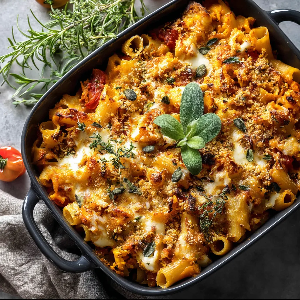 Pumpkin Pasta Bake with Walnut Topping