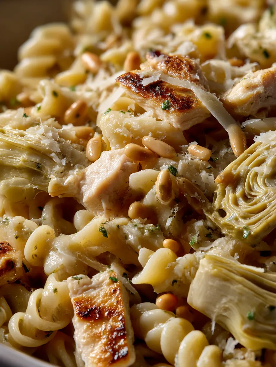 A plate of Lemon Chicken Artichoke Pasta Salad.
