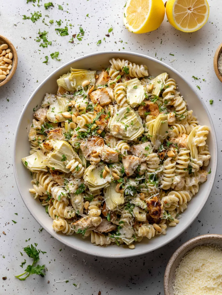 A bowl of Lemon Chicken Artichoke Pasta Salad.