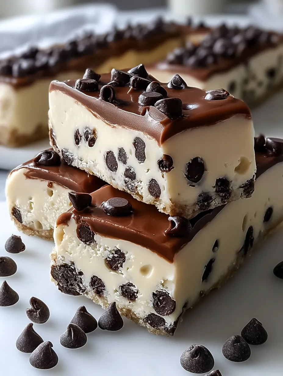 A close view of chocolate chip cheesecake bars with a glossy topping.