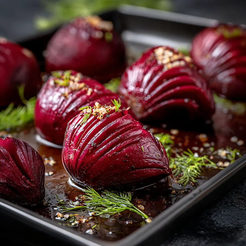 Thinly Sliced Roasted Beets with Creamy Dill Sauce