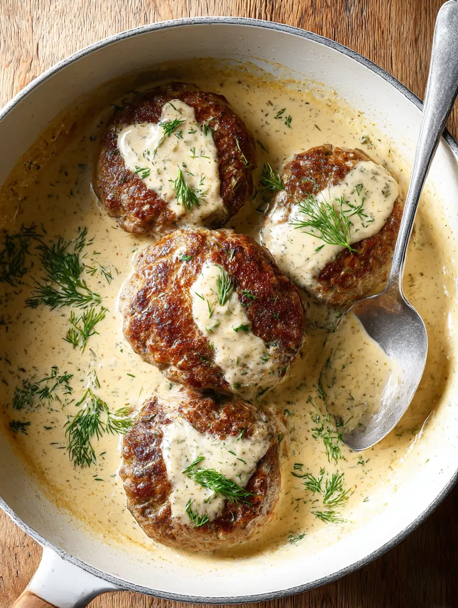 A tasty serving of Beef Patties with Creamy Herb Sauce.