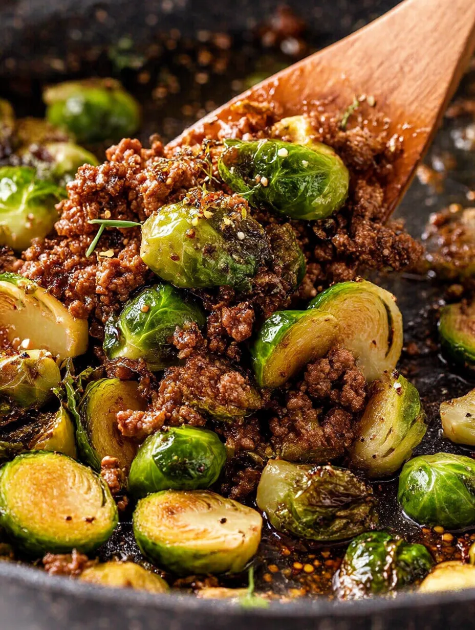 A close up shot of Brussels Sprouts with Ground Beef.