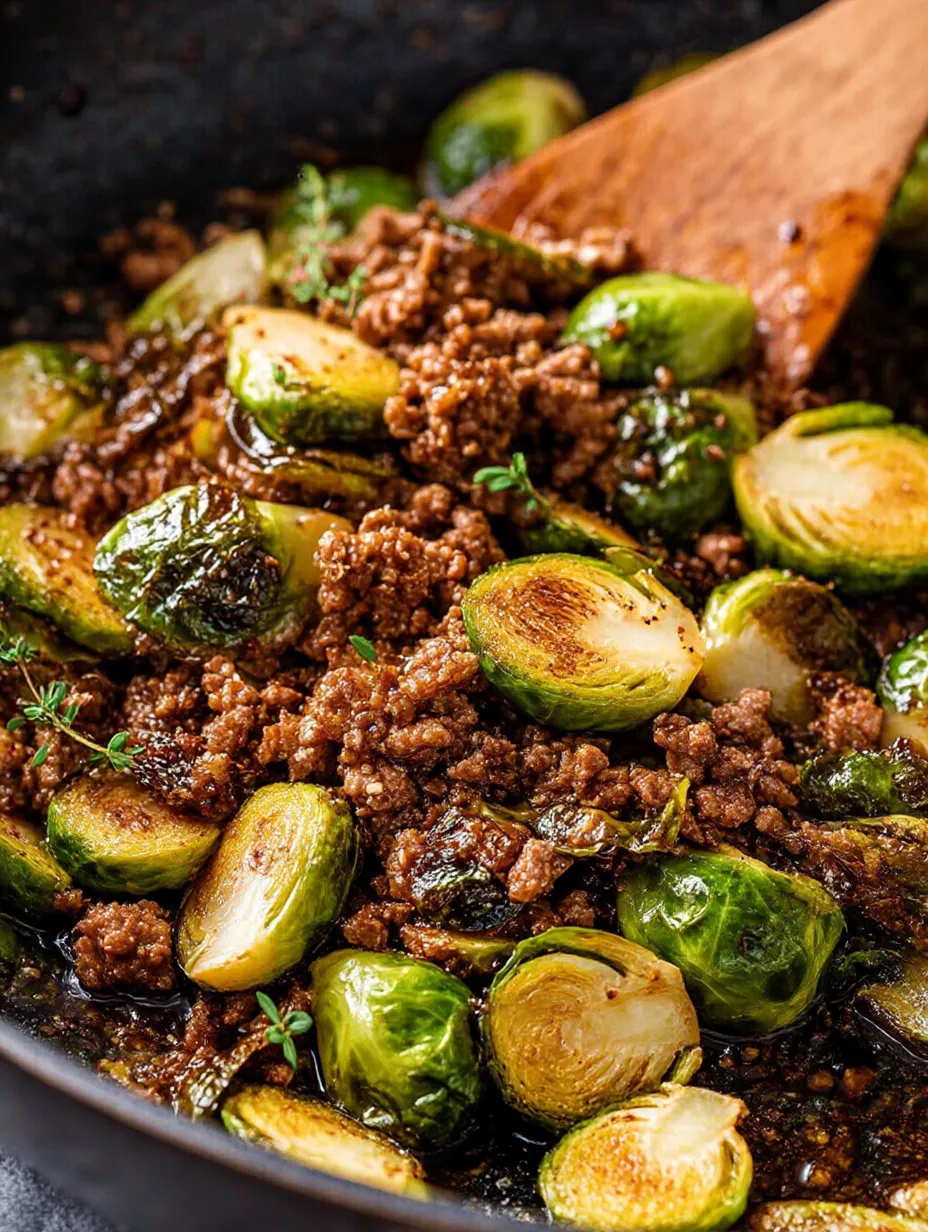 Ground Beef with Brussels Sprouts shot from above.