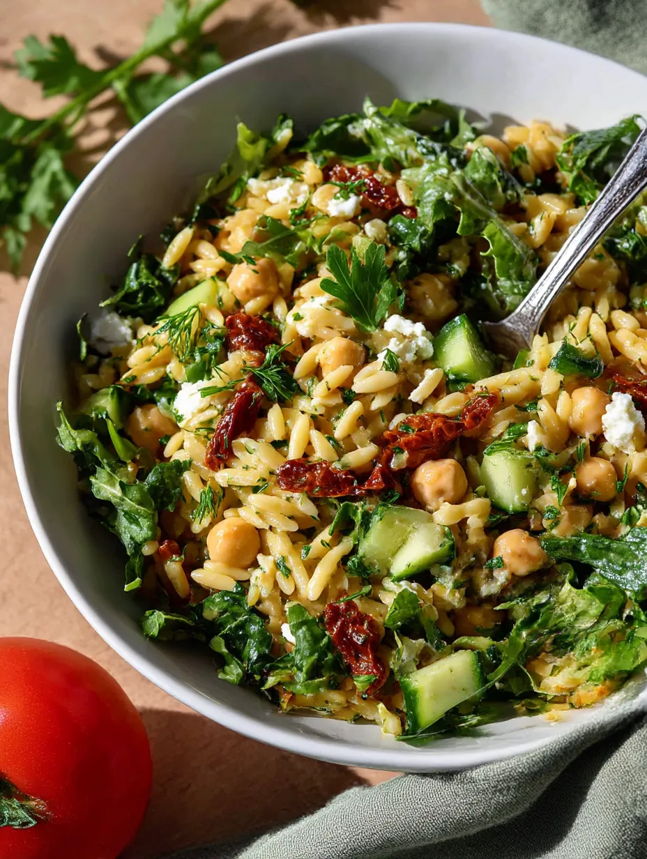 Bright Sun Dried Tomato Orzo Pesto Salad served.