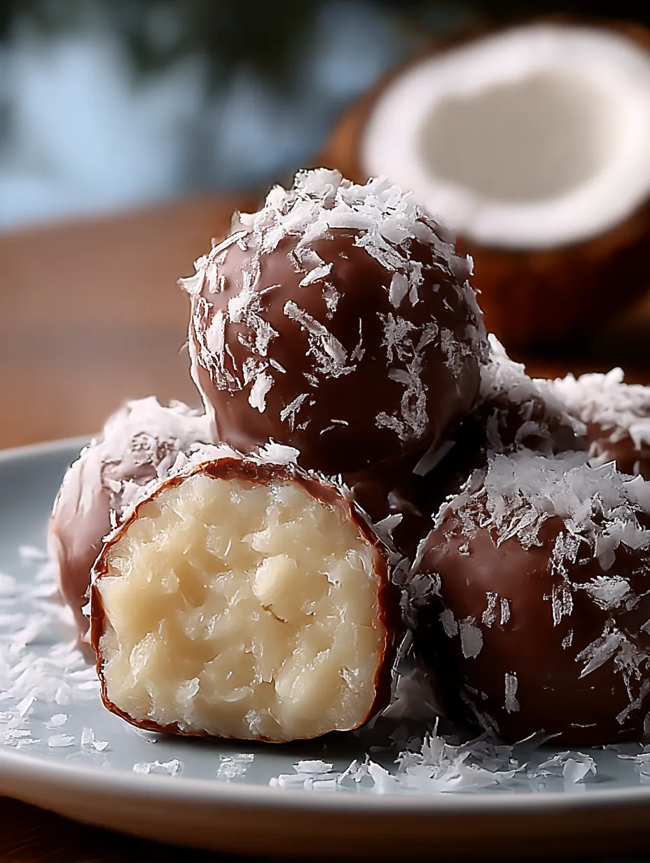 Chocolate covered coconut treats on a plate.