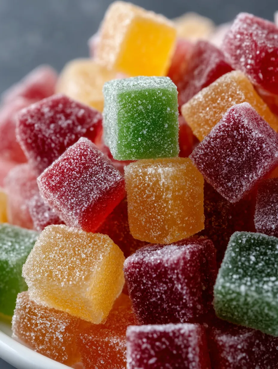 Stack of green and red sugar candies in soft square shapes.