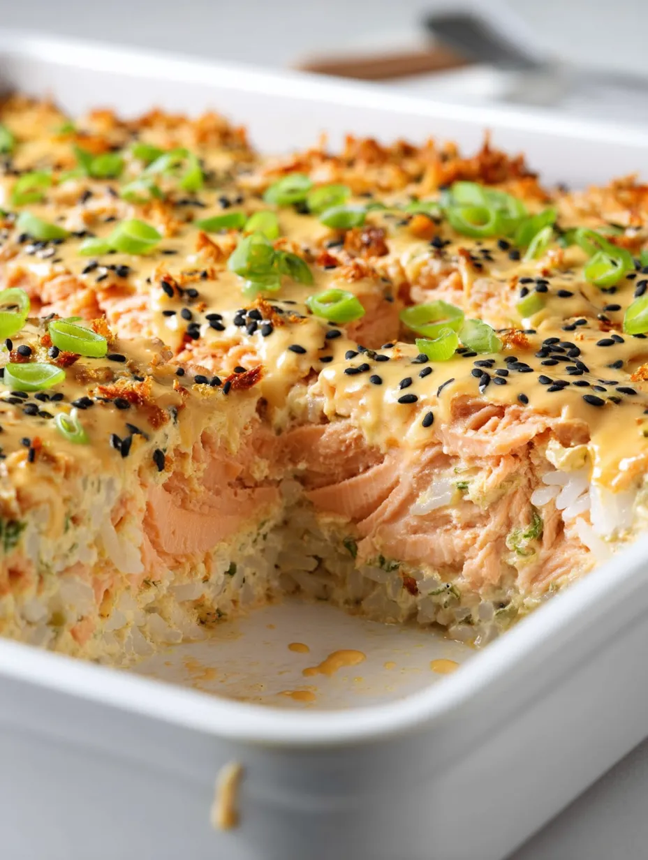 Salmon sushi bake in a white casserole pan with golden top.