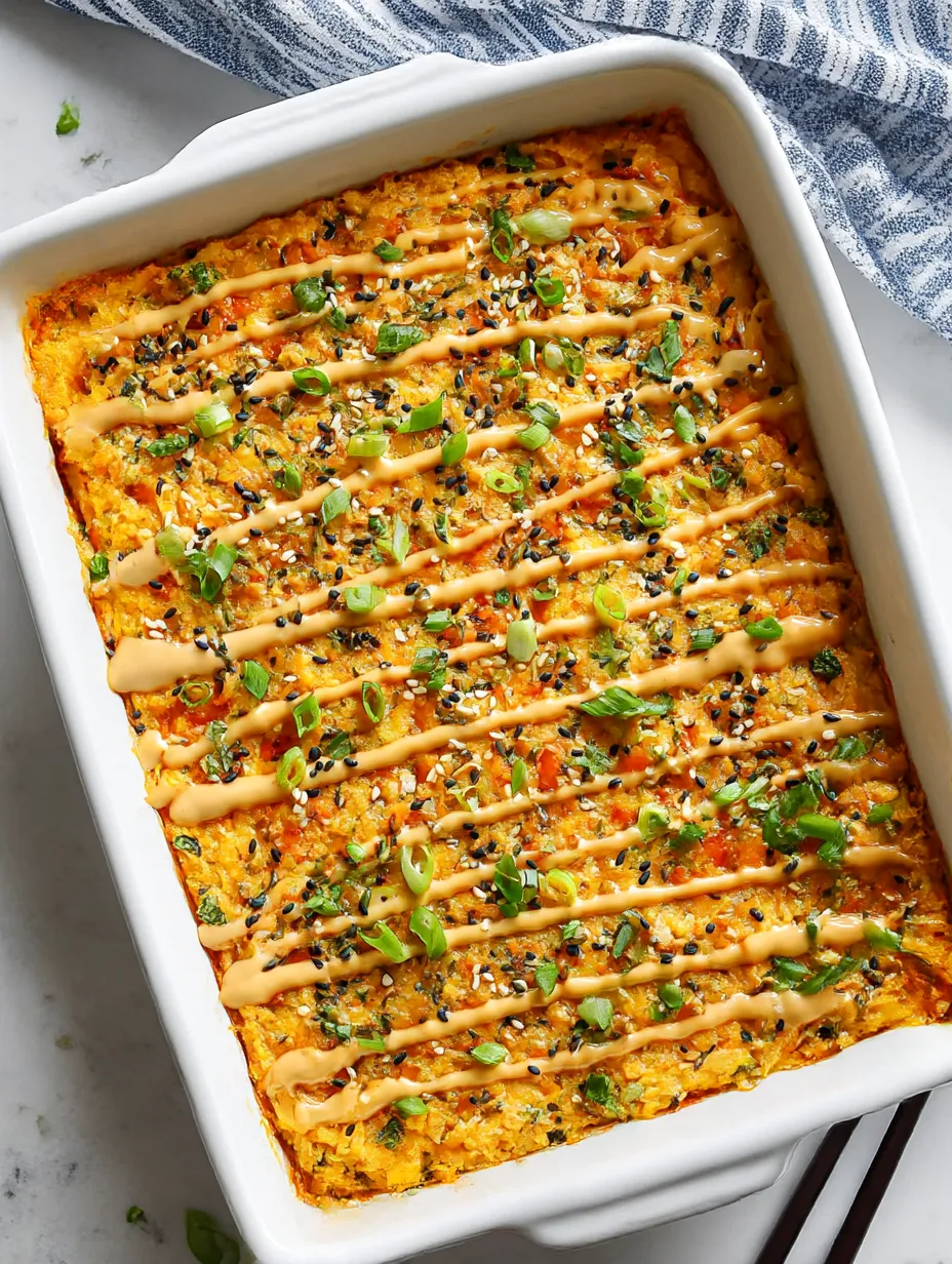 A forkful of salmon sushi bake with golden crust and green onion.