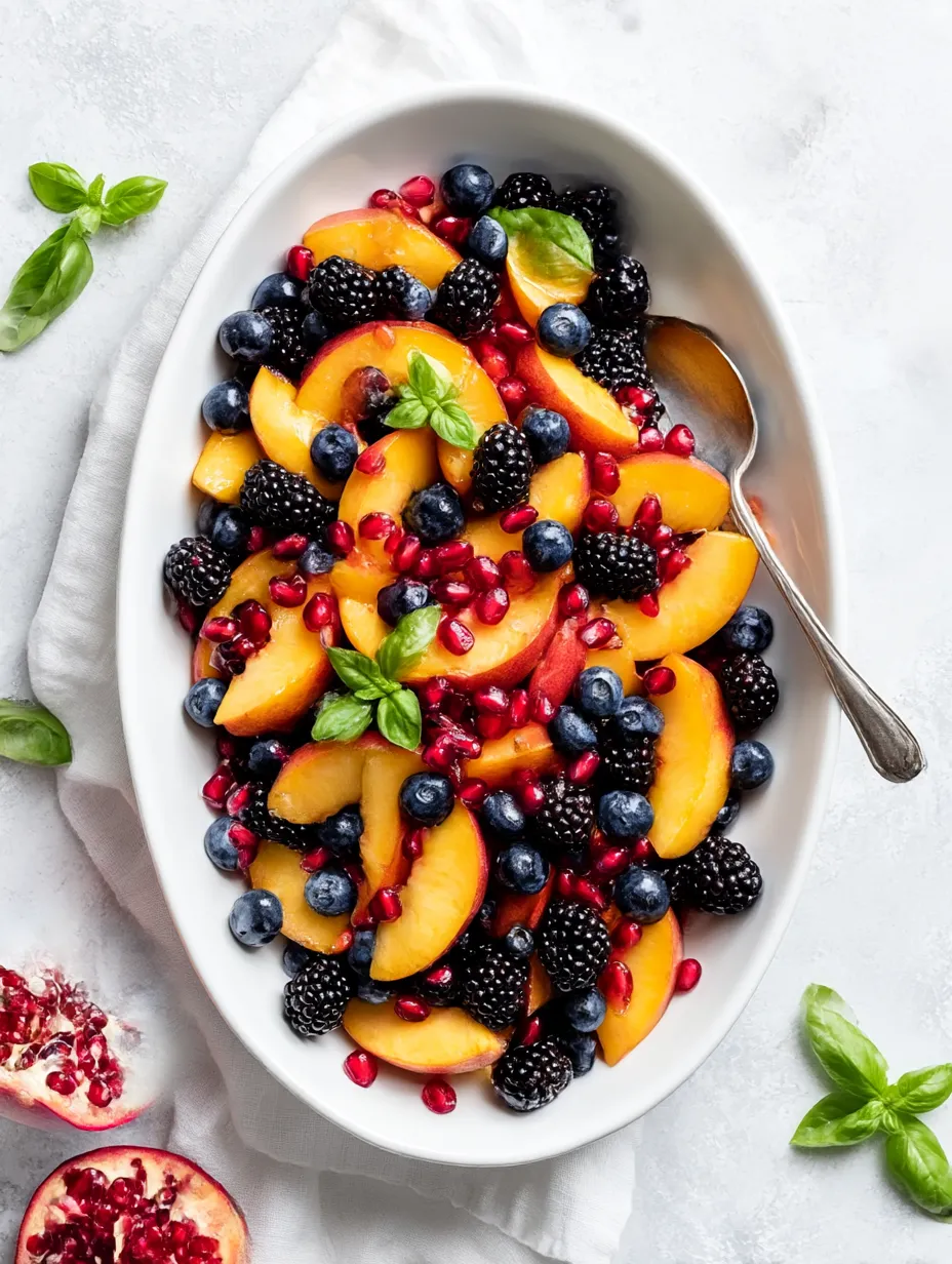 A bowl with blueberries, peaches, and raspberries all mixed together.