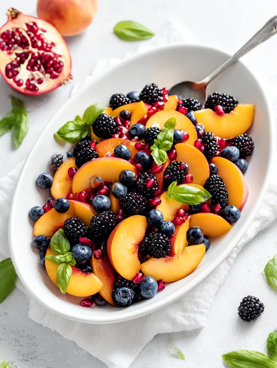 Colorful Honey Lime Basil Peach Fruit Bowl.