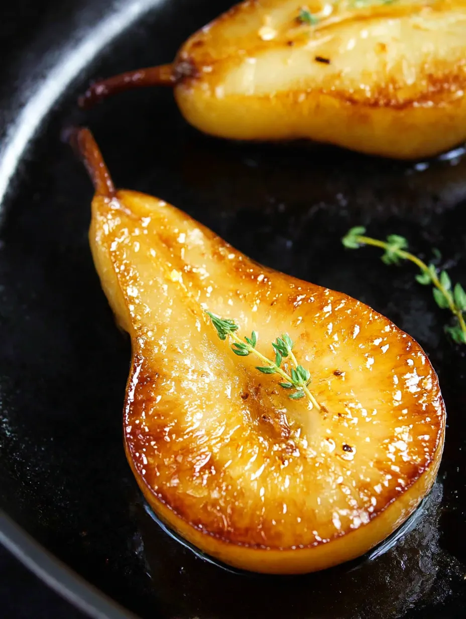A slice of roasted pears served on a plate.