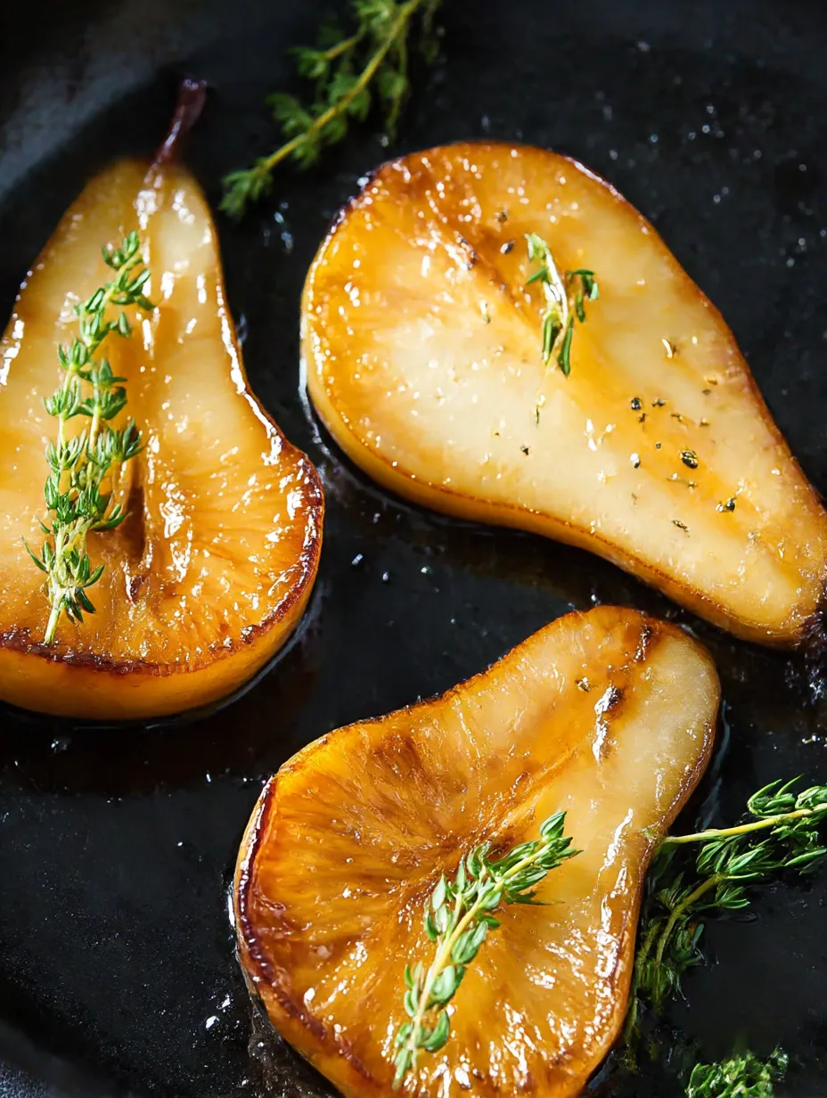 Roasted pears on a serving dish.