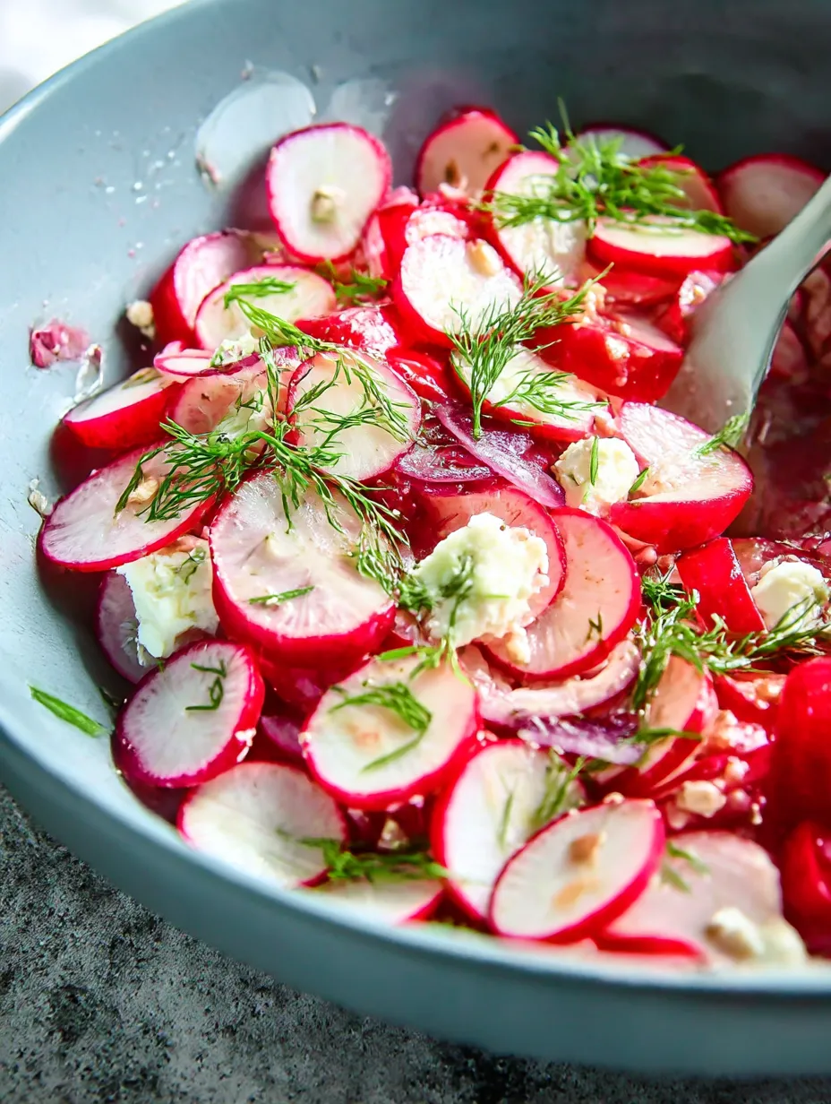 A bowl brimming with radishes and herbs.