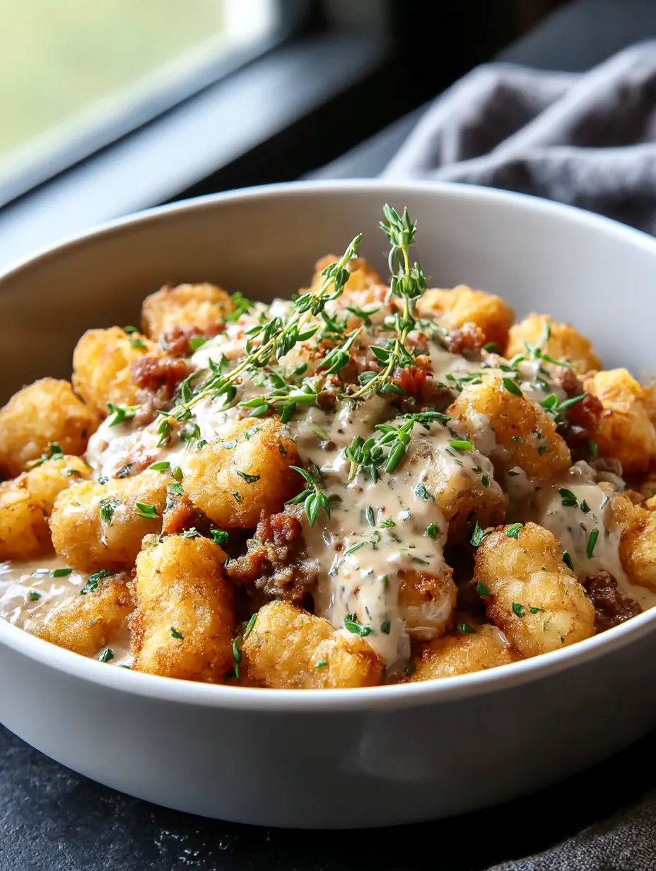 A bowl filled with Tater Tots and toppings.