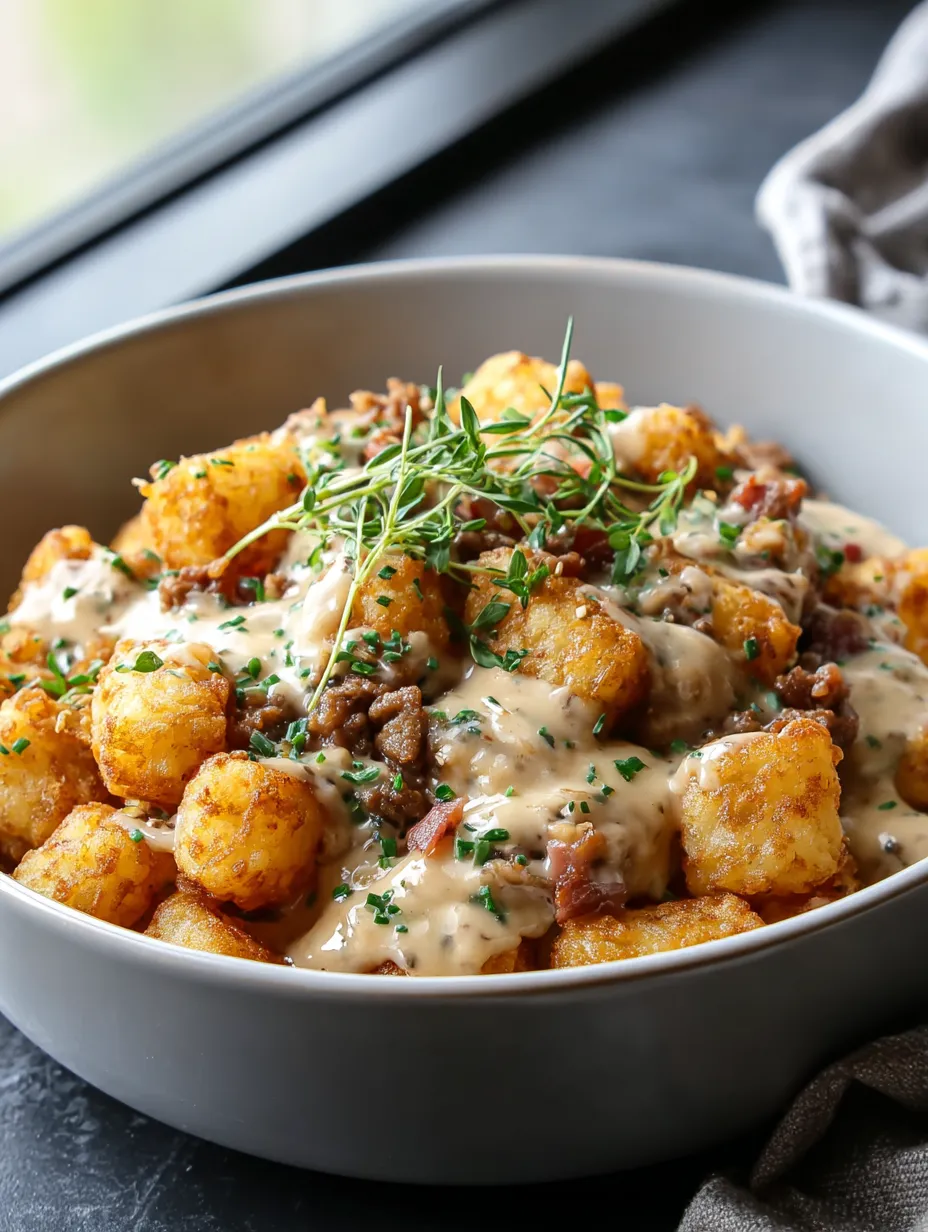 Bowl piled high with Tater Tots and sausage gravy.