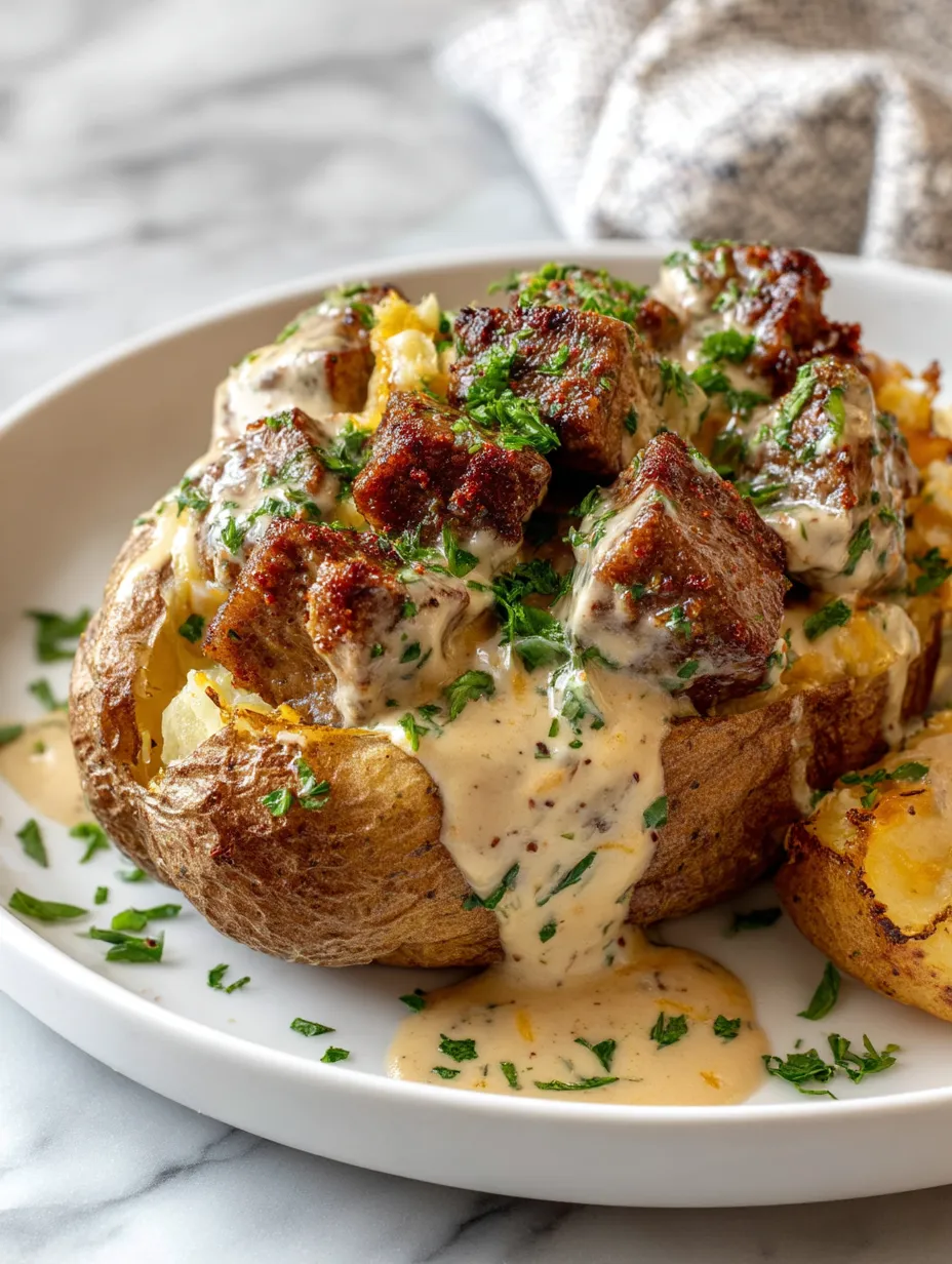 A serving of Loaded Baked Potato with Steak Bites on a plate.