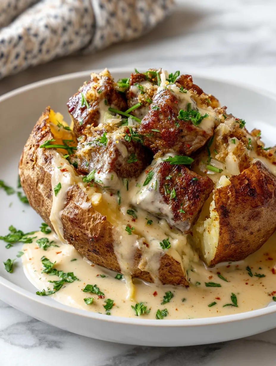 A serving of Loaded Baked Potato with Steak Bites on a plate.