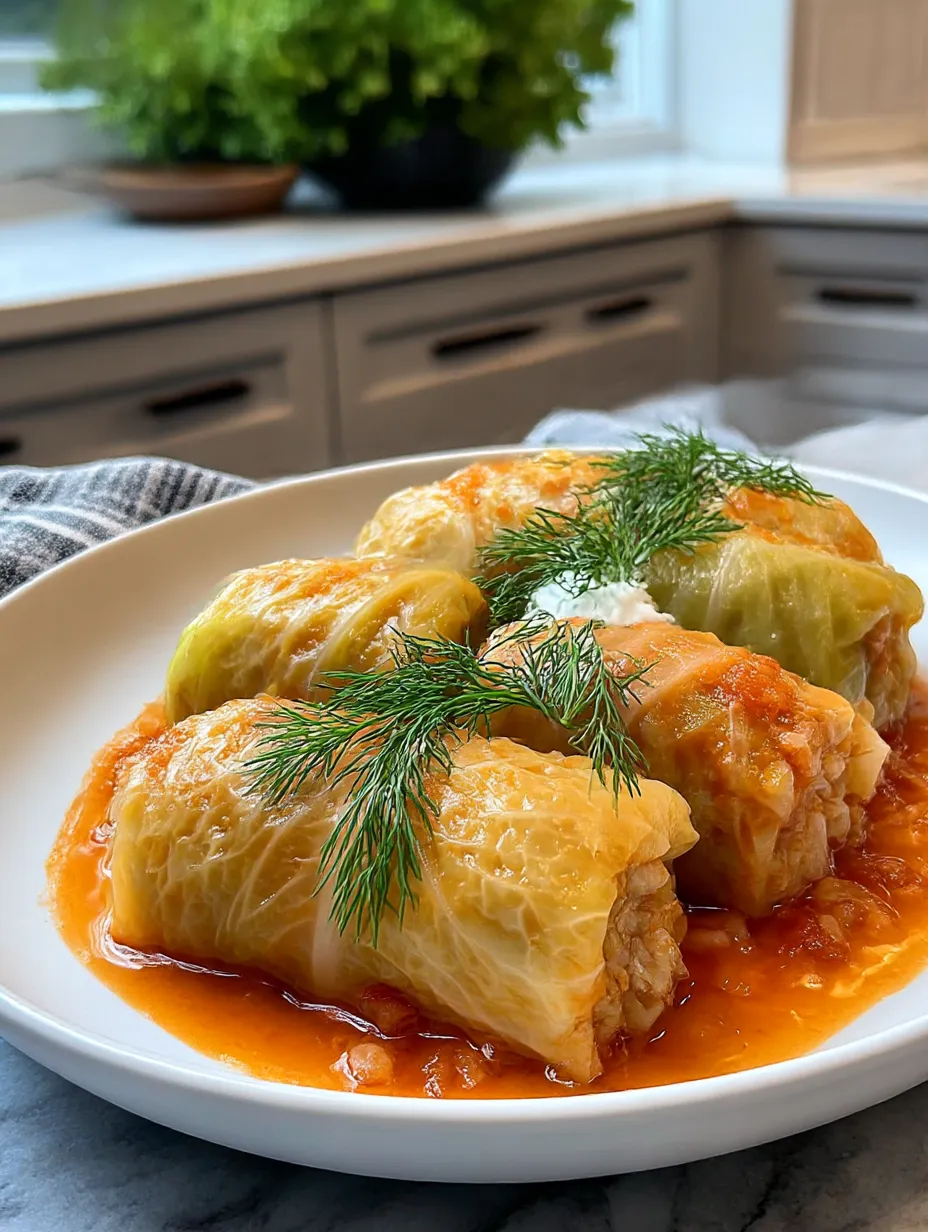 A plate piled with Polish cabbage rolls, sauced and ready.