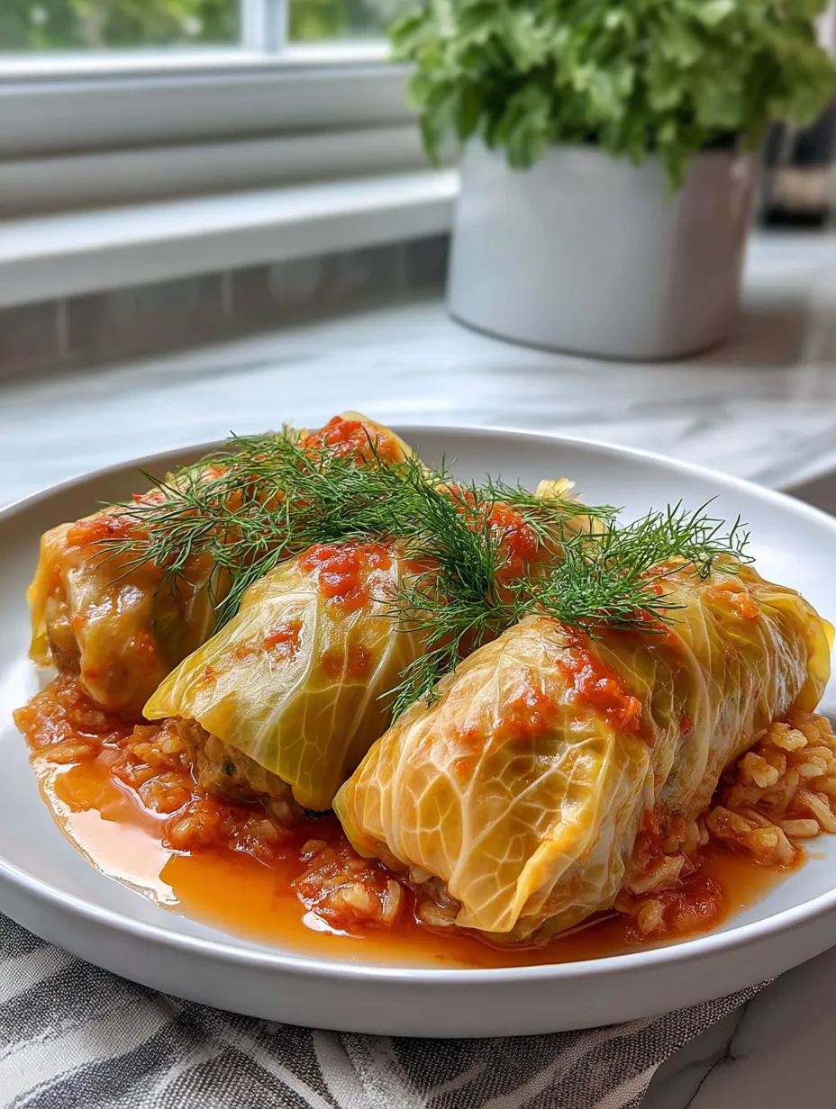 A serving of Polish cabbage rolls in tomato sauce, close up.