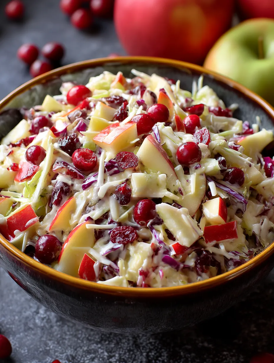 A bowl packed with Cranberry Apple Coleslaw.