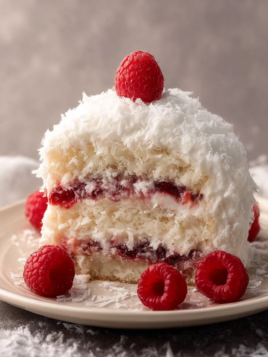 Slice of Raspberry Swirl Coconut Snowball Cake shown up close.