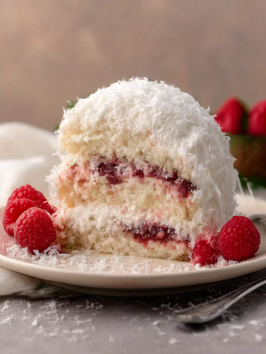 Closeup of Raspberry Swirl Coconut Snowball Cake for serving.