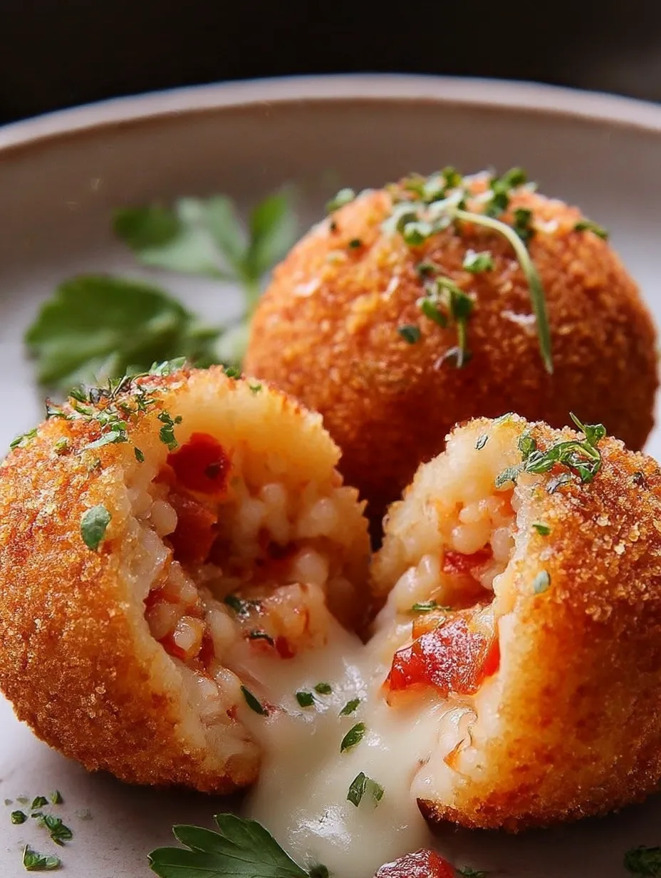 A plate piled with crispy golden arancini ready to eat.