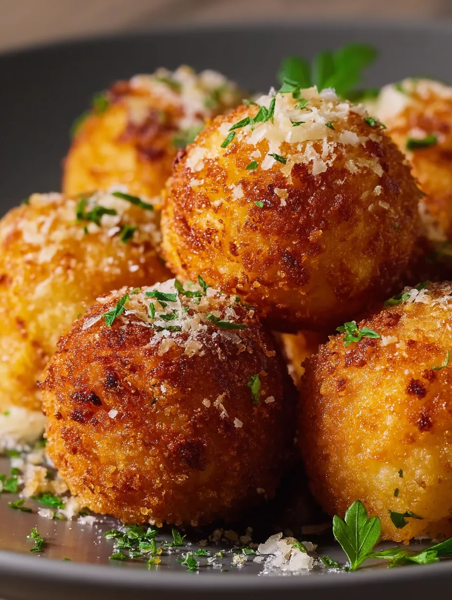 Crispy arancini served on a platter, ready for dipping.