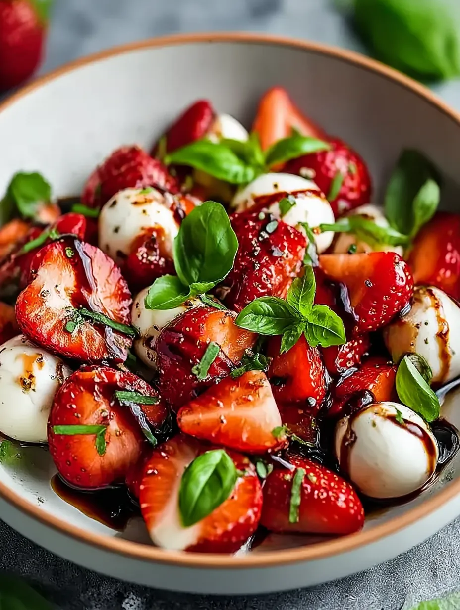 A big bowl piled high with strawberries, basil, mozzarella, and balsamic glaze.