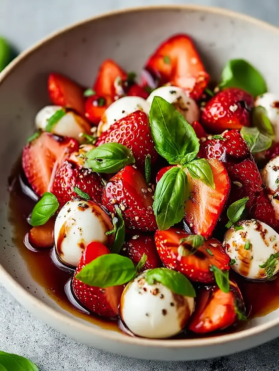 Colorful bowl packed with strawberries, balsamic glaze, mozzarella, and basil.