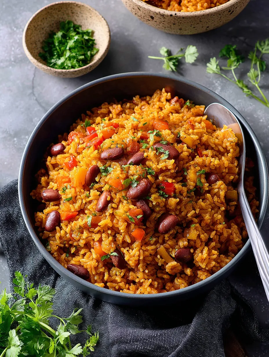 A bowl loaded with Spanish-style rice and beans.