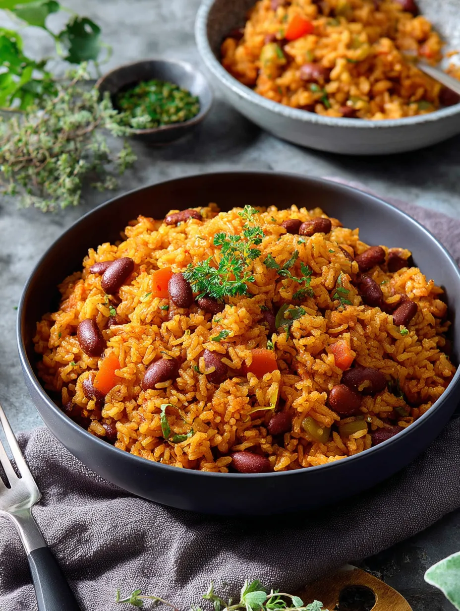 Bowlful of easy Spanish-style beans and rice.