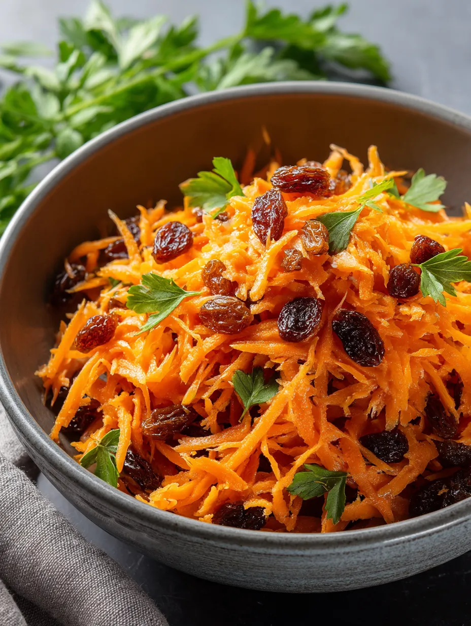 A bowl with shredded carrots and sweet raisins.