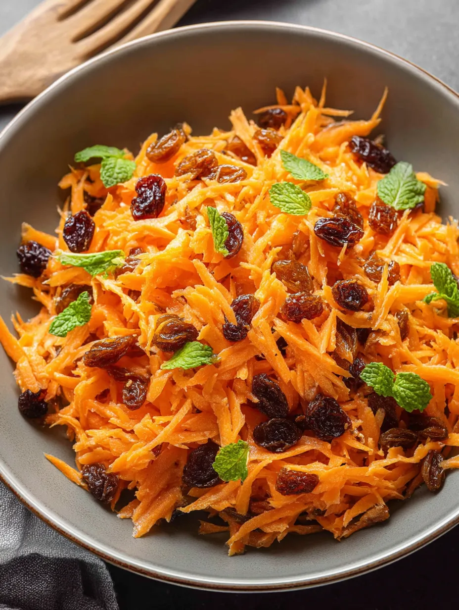 Bright carrot and raisin salad in a bowl.