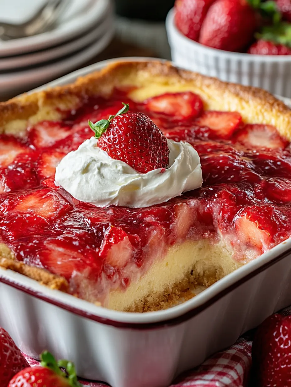 A piece of strawberry cheesecake topped with whipped cream.