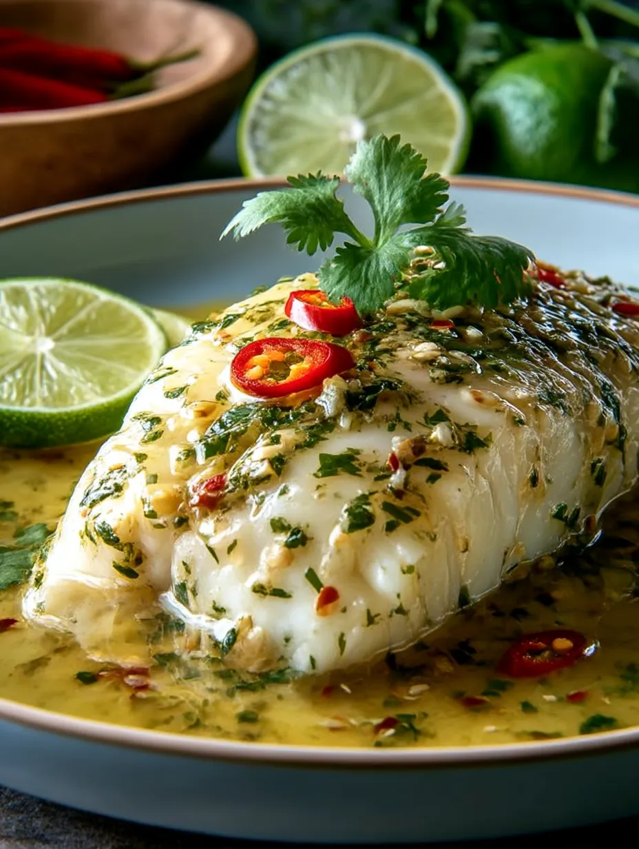 A plate with steamed lime-garlic Thai fish.