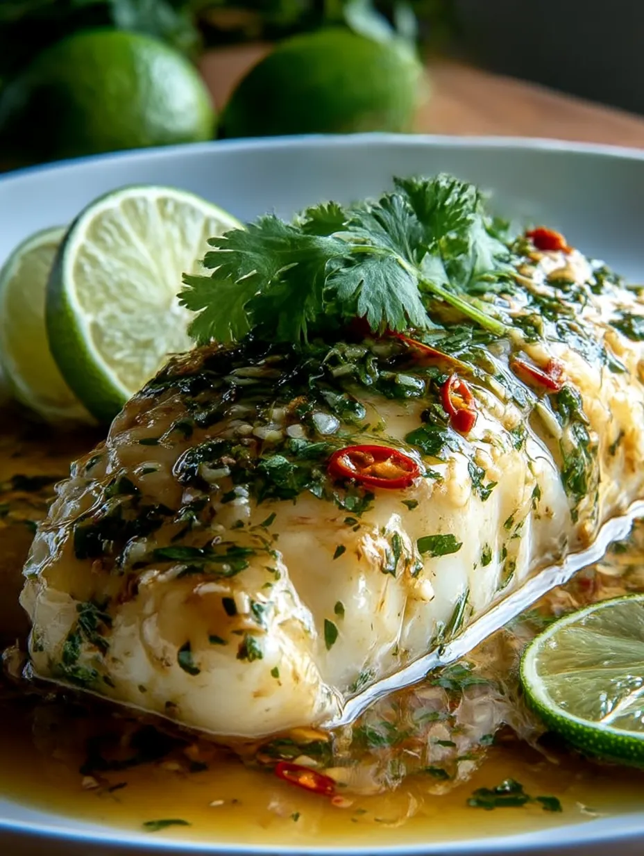 Steamed Thai Lime-Garlic Fish on a plate.