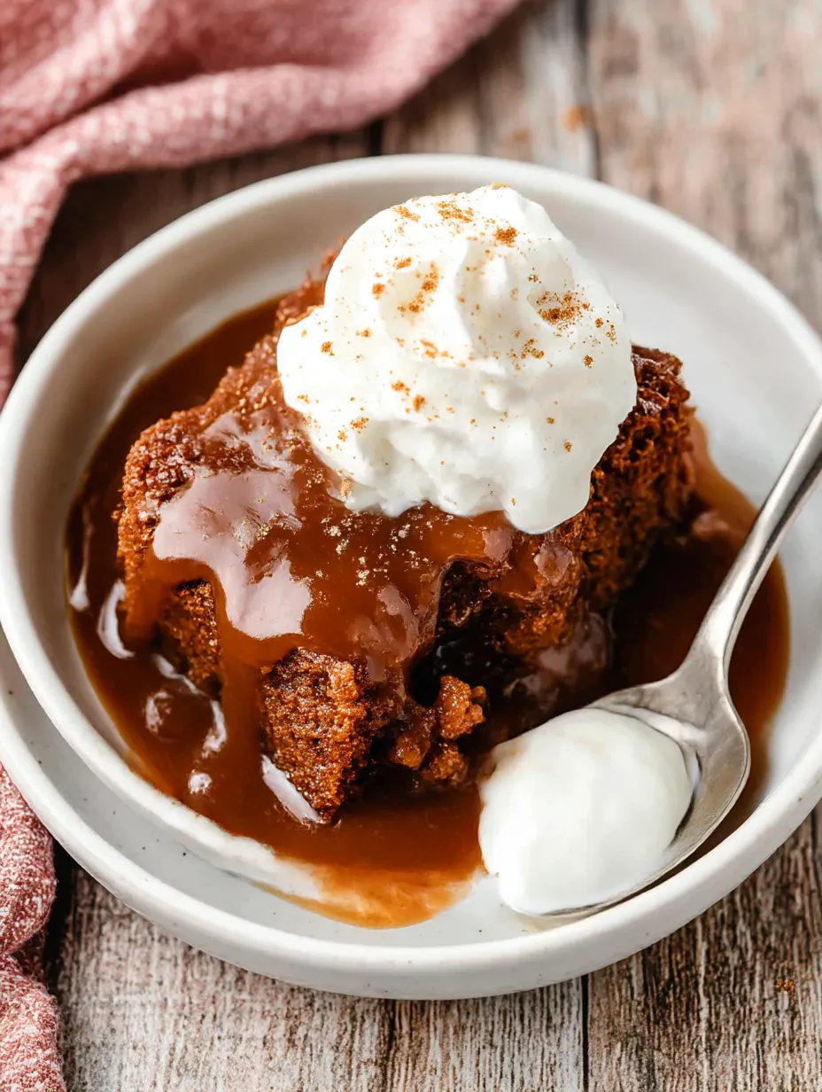 A bowl filled with warm gingerbread pudding cake and sauce.