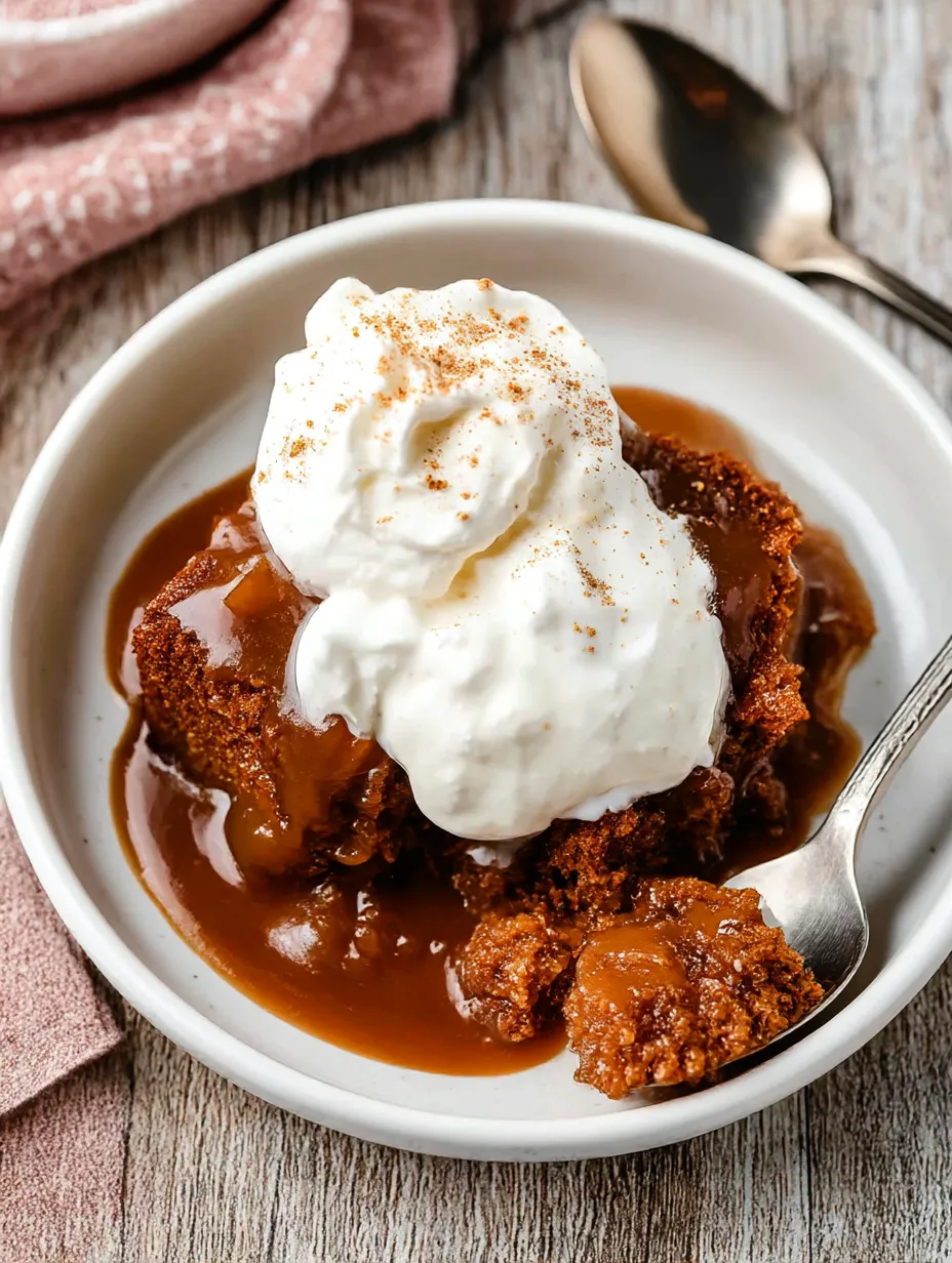 Scoop of gingerbread pudding cake with sauce in a bowl.