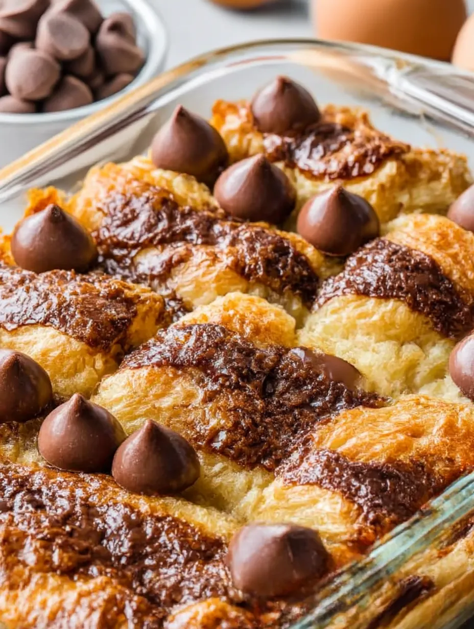 Super close shot of a chocolatey, flaky pastry with melted chocolate bits.
